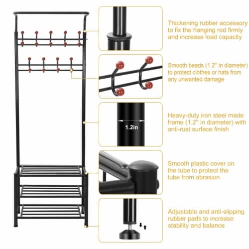 Metal Entryway Coat Shoe Rack Hall Tree with 3-Tier Shoe Bench Shoe Storage 18 Hooks Coat Hat Perspective: back