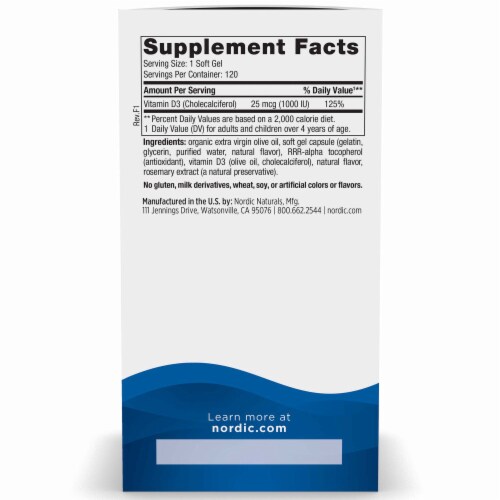 Nordic Naturals® Vitamin D3 Soft Gels 250mcg 1000 IU Perspective: back