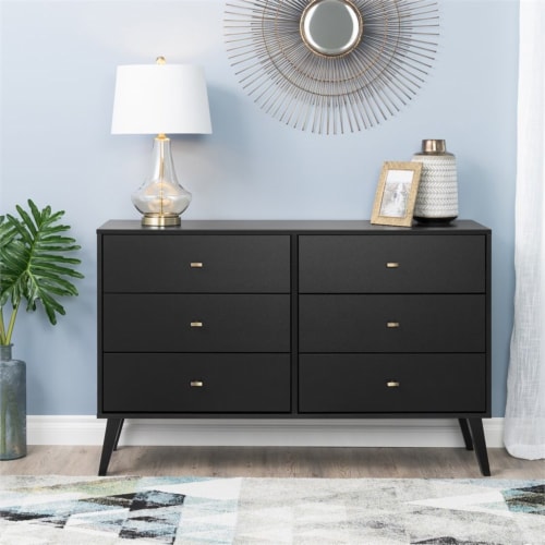 Prepac Milo Mid Century Modern 6 Drawer Double Dresser in Black 1