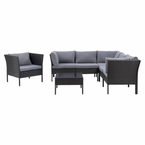 CorLiving 7pc Patio Sectional Set with Chair  - Black with Ash Gray Cushions Perspective: back
