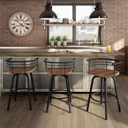 Amisco Brisk 29  Distressed Wood Swivel Bar Stool in Brown/Gun Metal Perspective: back