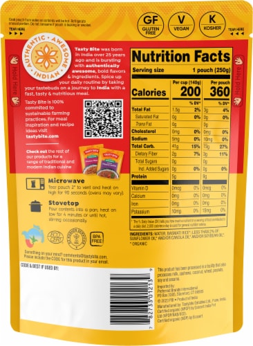 Tasty Bite Organic Basmati Rice 8.8oz - Fragrant Basmati Rice Perspective: back