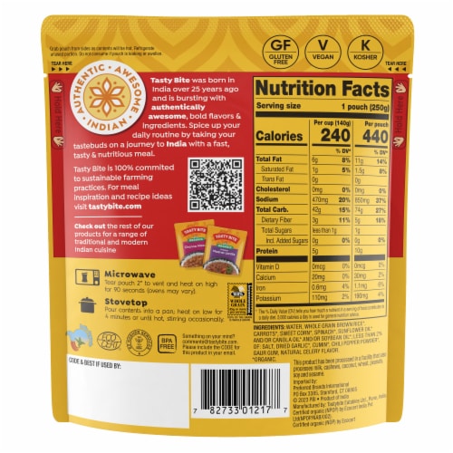 Tasty Bite Organic Garlic Brown Rice 8.8oz Garlic flavored brown rice Perspective: back
