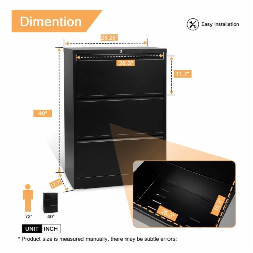 AOBABO 3 Drawer Lateral File Cabinet w/ Lock for Letter/Legal Size Paper, Black Perspective: back
