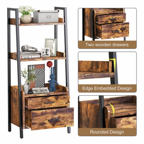 Fabato 3 Tier Display Bookcase with Ladder Shelves and Metal Frame, Rustic Brown Perspective: back