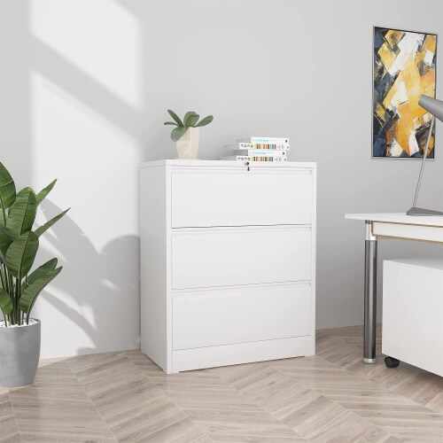 AOBABO 3 Drawer Lateral File Cabinet w/ Lock for Letter/Legal Size Paper, White Perspective: back
