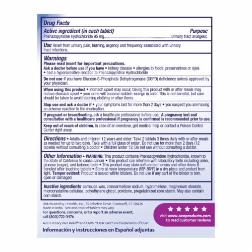 Azo Urinary Pain Relief Value Size 95 MG Tablets Perspective: back