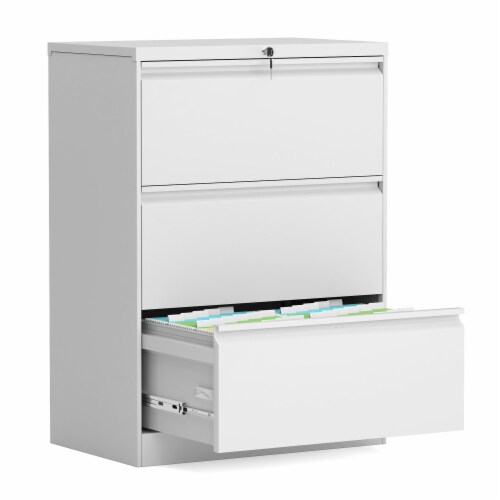 AOBABO 3 Drawer Lateral File Cabinet w/ Lock for Letter/Legal Size Paper, White Perspective: back
