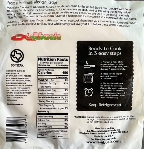 La Abuela Burrito Size Flour Tortillas Perspective: back