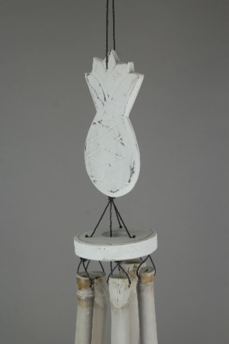 Whitewashed Wood and Bamboo Tropical Pineapple Wind Chime for Garden Yard Patio Perspective: back