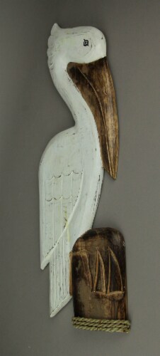 White Wood Coastal Pelican Perched On Nautical Piling Wall Sculpture 24 inch Perspective: back