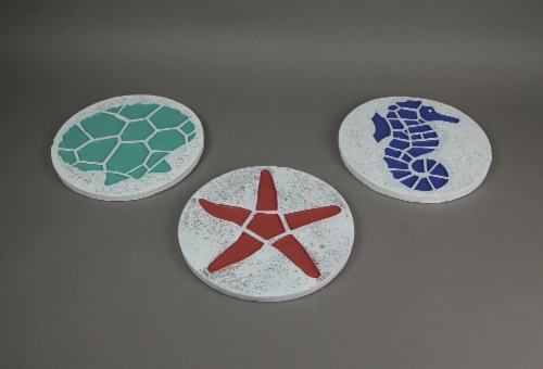 Set of 3 Cement Wall Hanging Circular Scallop Seahorse Starfish Home Decor Sculptures Perspective: back