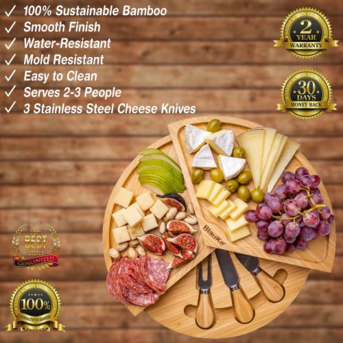 Bamboo Cheese Board and Knife Set - 14 Inch Swiveling Charcuterie Board with Slide-Out Drawer Perspective: back