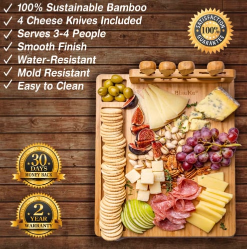 Bamboo Cheese Board and Knife Set - 14x11 inch Charcuterie Board with 4 Cheese Knives Perspective: back