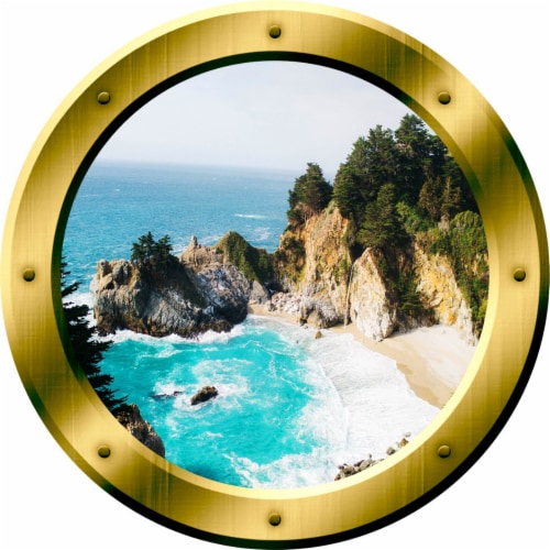 VWAQ Ocean Cliff Aerial View Peel and Stick Gold Window Porthole Wall Decal - GP41 Perspective: back