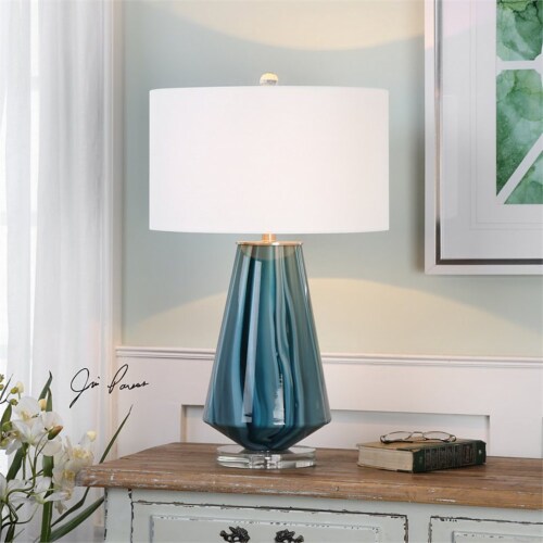 Uttermost Pescara Glass Crystal and Metal Table Lamp in Teal Blue/Ivory Perspective: back