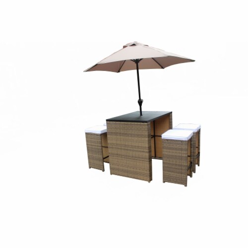 6 Piece Wicker Rattan Outdoor Bar Set With Umbrella and Cushions