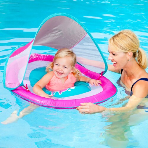 SwimWays Baby Spring Inflatable Round Pool Float w/ Protective Canopy, Pink Fish Perspective: back