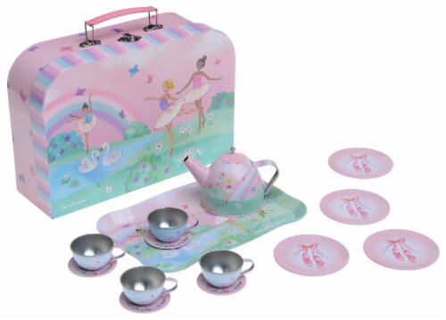 Jewelkeeper 15 Piece Girls Pretend Toy Tin Tea Set Carrying Case