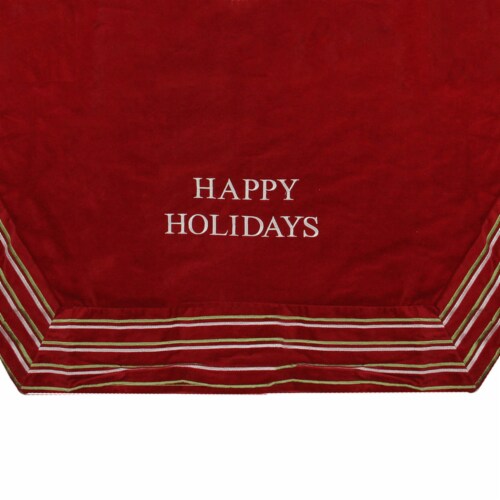 Season's Designs 56  Red and White 'Happy Holidays' Christmas Tree Skirt with Striped Trim Perspective: back
