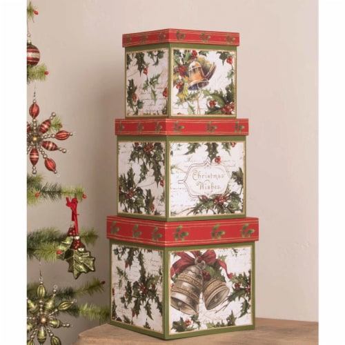 Christmas Holly Boxes Set/3 Paper Vintage Nesting Tl0233 Perspective: back