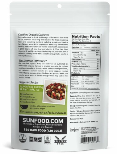 Sunfood Raw Organic Whole Cashews Perspective: back