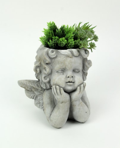 Weathered Gray Concrete Winged Cherub Angel Head Planter Weathered Gray Concrete Winged Cherub Angel Head Planter