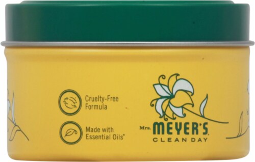 Mrs. Meyer's Clean Day Honeysuckle Scent Soy Tin Candle Perspective: back