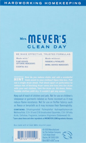 Mrs. Meyer's Clean Day Rain Water Scented Dryer Sheets Perspective: back