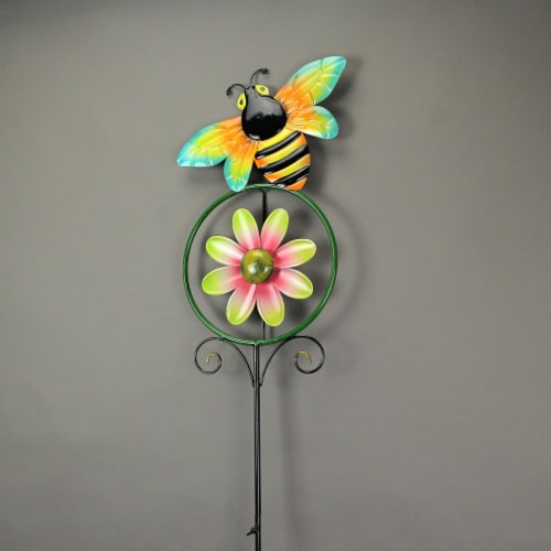 55 Inch High Bumble Bee Flower Kinetic Wind Spinner Garden Stake Yard Decor Pinwheel Perspective: back
