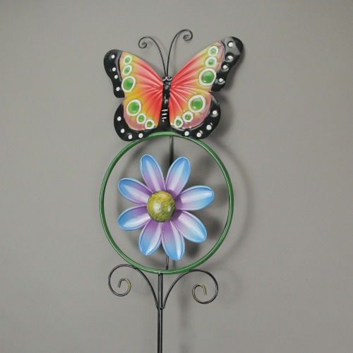55 Inch High Butterfly Flower Kinetic Wind Spinner Metal Garden Stake Yard Decor Pinwheel Perspective: back