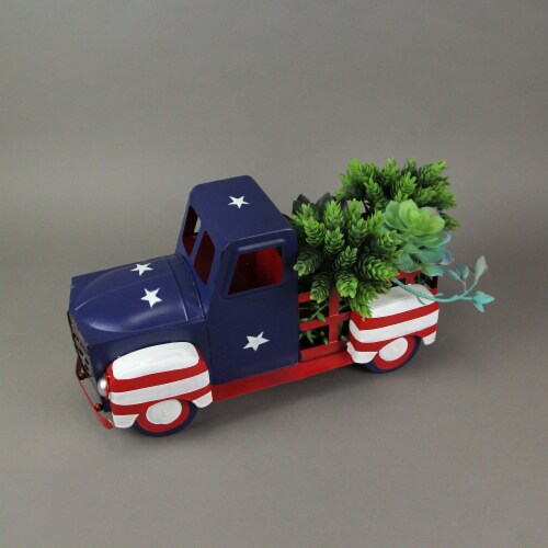 Rustic Metal Vintage Patriotic Pickup Truck Planter Antique Red White Blue Decor Perspective: back