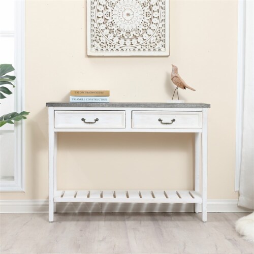 LuxenHome Distressed White Wood and Metal Console and Entryway Table Perspective: back