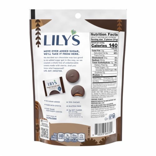 LILY'S Dark Chocolate Style Peanut Butter Cups No Sugar Added Sweets Bag Perspective: back