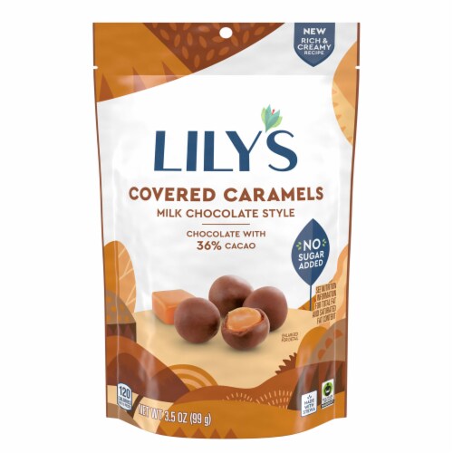 LILY'S Milk Chocolate Style No Sugar Added Covered Caramels Bag Perspective: back