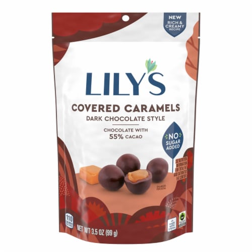 LILY'S Dark Chocolate Style No Sugar Added Covered Caramels Bag Perspective: back