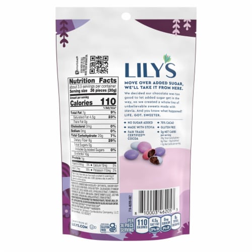 LILY'S Dark Chocolate Style No Sugar Added Candy Coated Pieces Bag Perspective: back