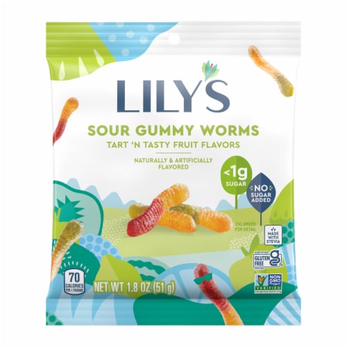 LILY'S Assorted Fruit Flavored No Sugar Added Sour Gummy Worms Bag Perspective: back