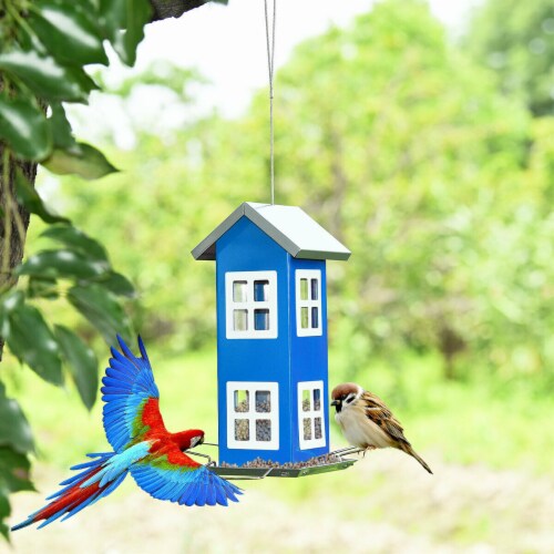 Gymax Outdoor Wild Bird Feeder Weatherproof House Design Garden Yard Decoration Blue Gymax Outdoor Wild Bird Feeder Weatherproof House Design Garden Yard Decoration Blue