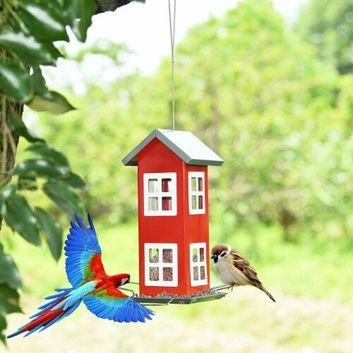 Gymax Outdoor Wild Bird Feeder Weatherproof House Design Garden Yard Decoration Red Gymax Outdoor Wild Bird Feeder Weatherproof House Design Garden Yard Decoration Red