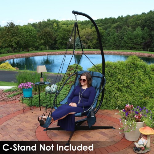 Hanging Hammock Camping Chair Swing w/Armrest - Drink Holder and Footrest - Blue Perspective: back