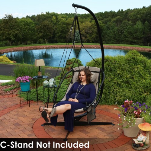 Hanging Hammock Camping Chair Swing w/Armrest - Drink Holder & Footrest - Beige Perspective: back