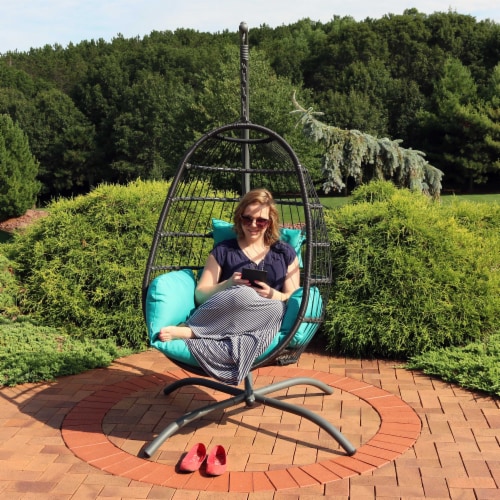 Sunnydaze Resin Wicker Hanging Egg Chair with Steel Stand/Cushions - Blue Perspective: back