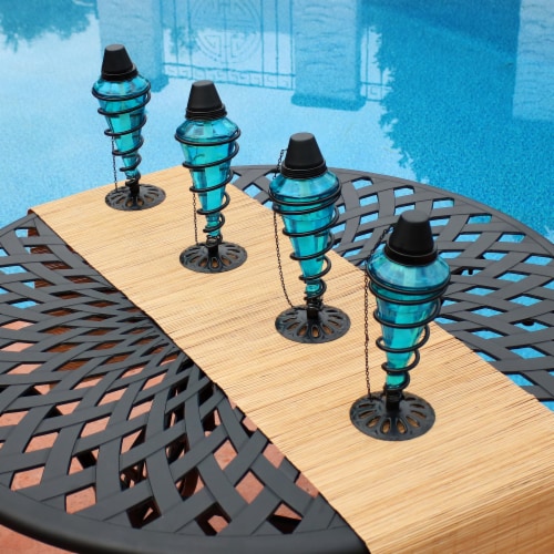 8-Pack Patio Torches Metal Swirl Blue Glass Outdoor Lawn Garden Tabletop Decor Perspective: back