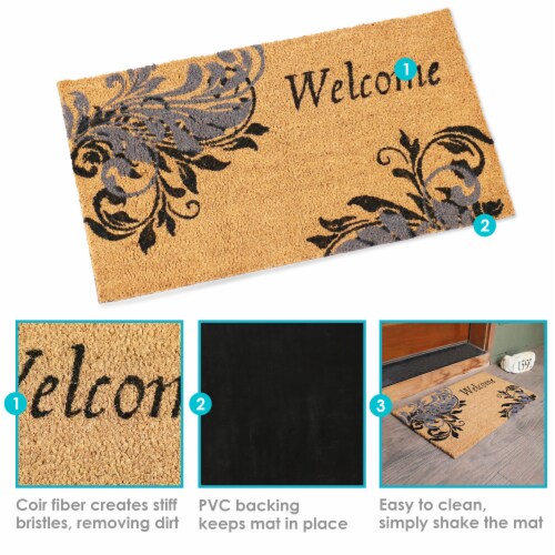 Sunnydaze 17-Inch x 29-Inch PVC and Coir Doormat - Blue Leaf Scroll Perspective: back