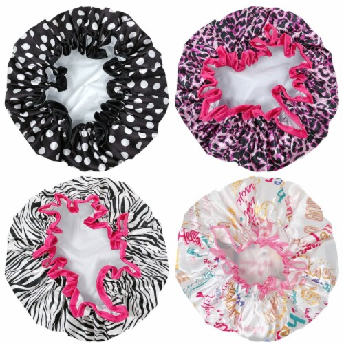 Wrapables Stylish Double Layer Waterproof Shower Caps (Set of 4), Animal Print & Dots Perspective: back