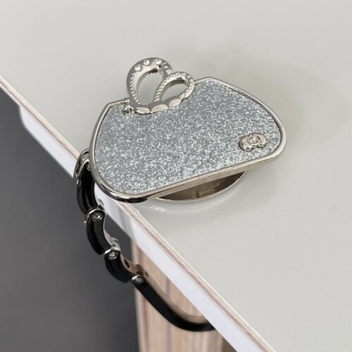 Wrapables Stylish Purse Hook Hanger, Foldable Handbag Table Hanger, Silver Handbag Perspective: back