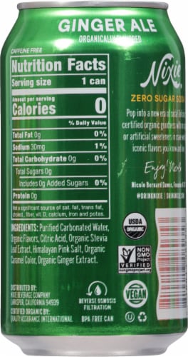 Nixie Ginger Ale Organic Zero Sugar Soda Perspective: back