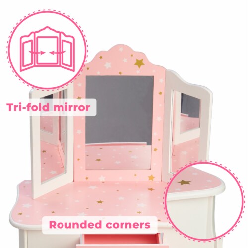 Fantasy Fields Kids Vanity Table Set Little Girl Makeup Dressing Desk Pink/White Perspective: back