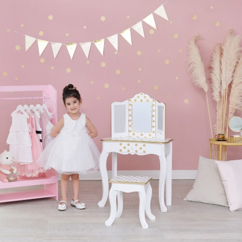 Teamson Kids Polka Dot Gisele LED Mirror Play Vanity Set in White and Gold 1 Smith s Food and Drug